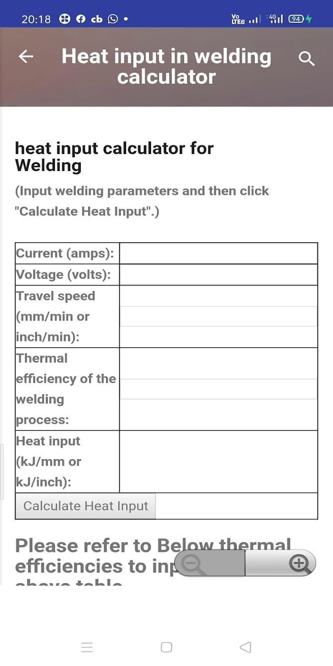 Heat input calculator for welding & Preheat Calc. screen 1