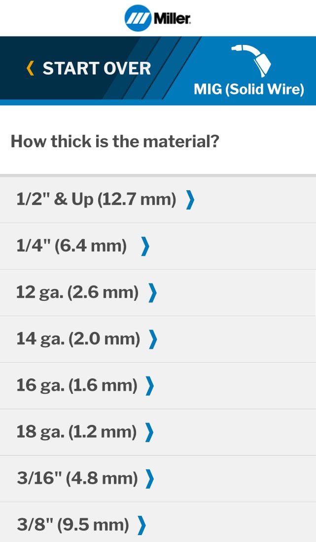 Miller Weld Settings Calculator screen 1