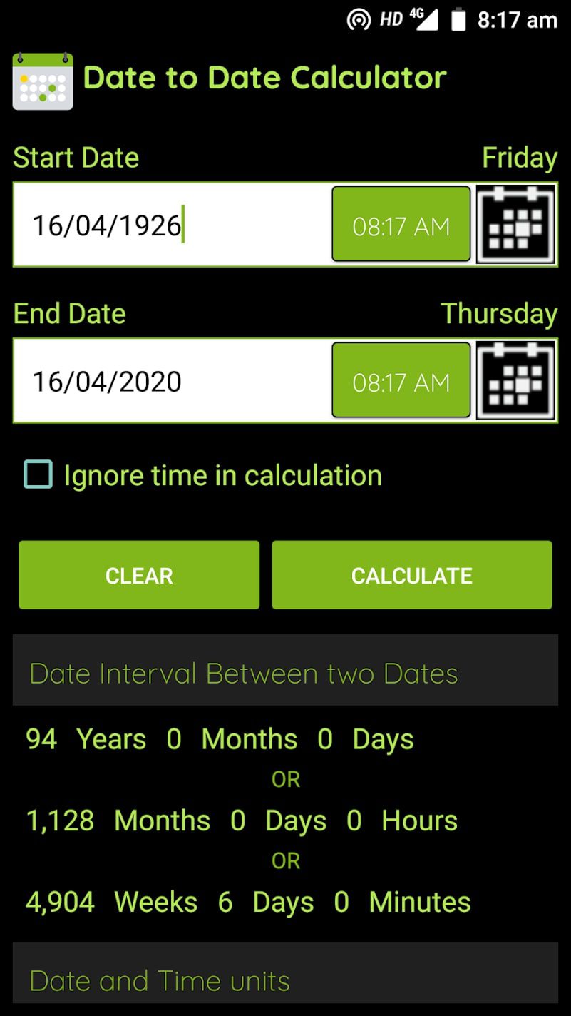 Date Calculator screen 1