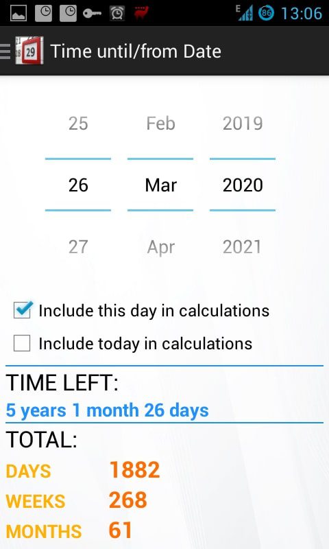 Date (Days) Calculator screen 2