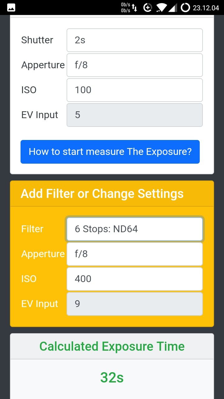 Simple Exposure Calculator screen 2